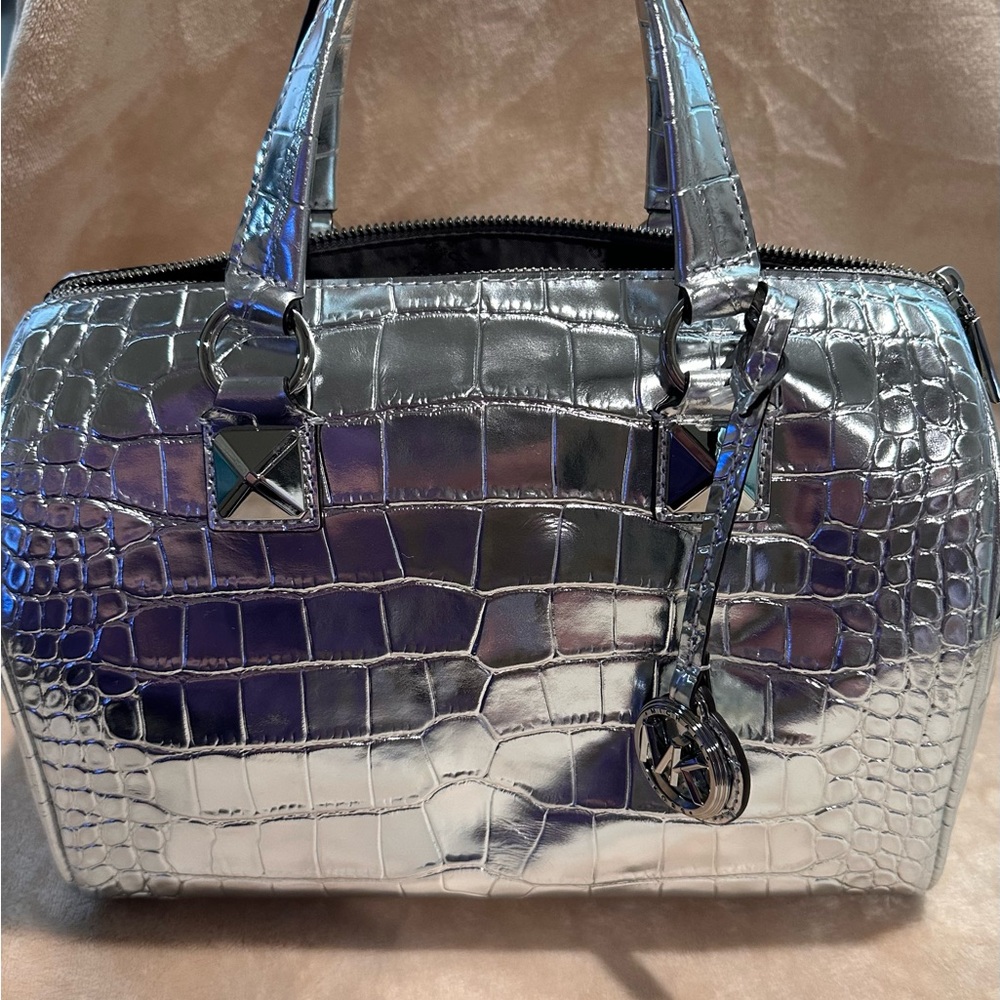 Michael Kors Medium Duffle Satchel Silver Embossed Leather
